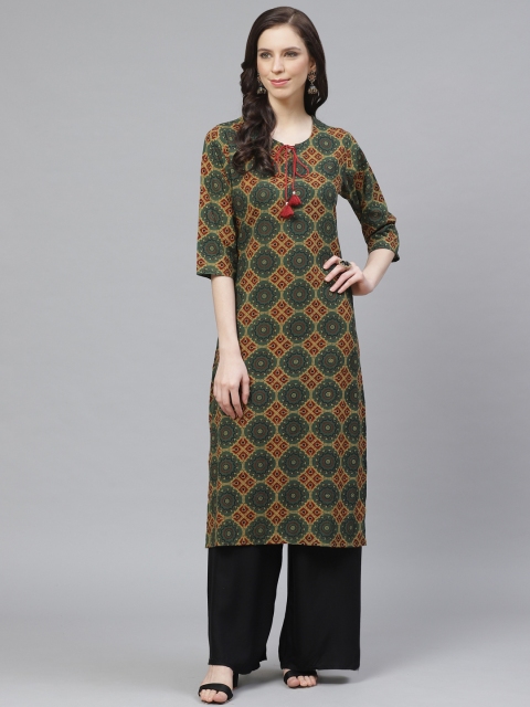 

Shree Women Green & Mustard Yellow Printed Straight Kurta