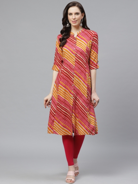 

Shree Women Pink & Mustard Yellow Striped Straight Kurta