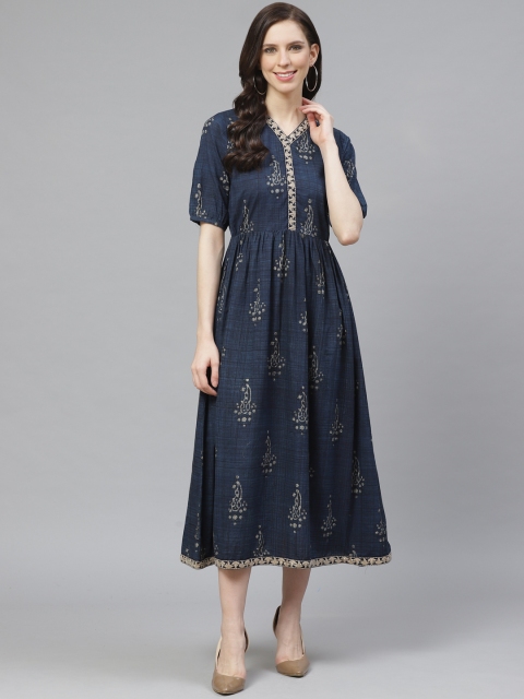 

Shree Women Navy Blue & Off White Printed Maxi Dress