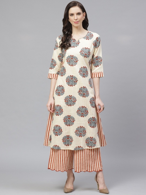 

Shree Women Off-White & Rust Orange Printed Kurta with Palazzos