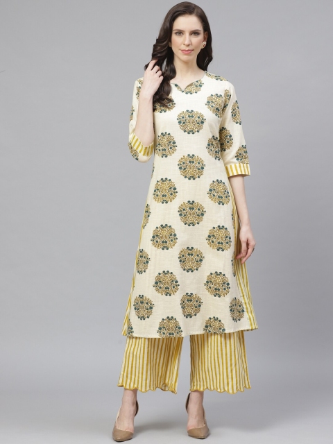 

Shree Women Off-White & Mustard Yellow Printed Kurta with Palazzos