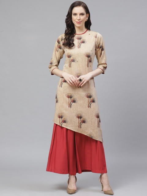 

Shree Women Beige & Red Printed Asymmetric Kurta with Palazzos