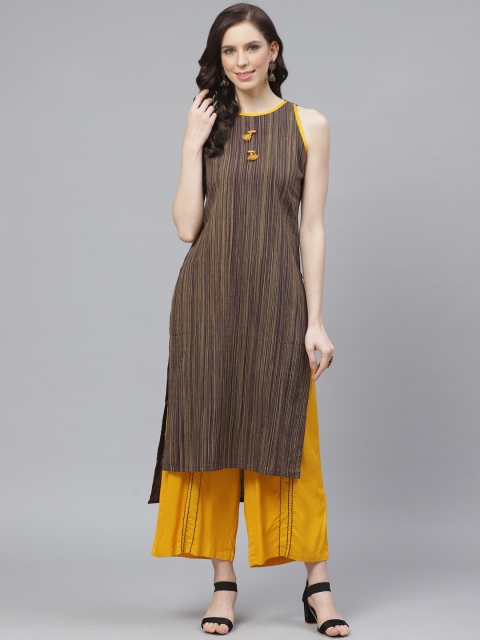 

Shree Women Brown & Yellow Striped High-Low Kurta with Palazzos