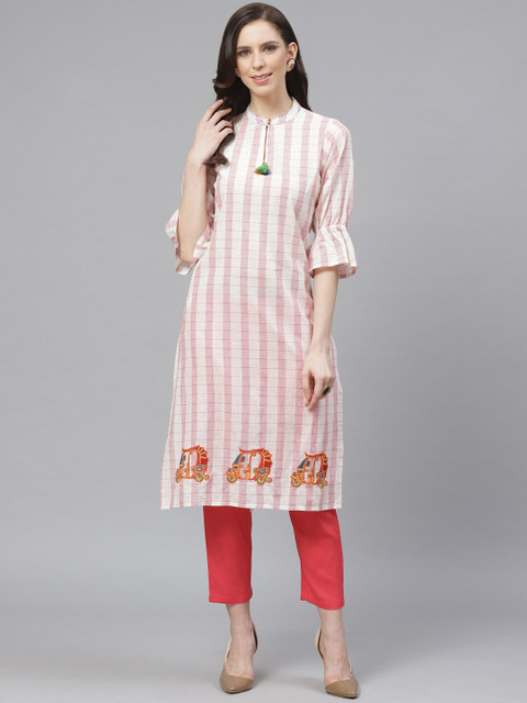 

Shree Women White & Pink Checked Kurta with Trousers