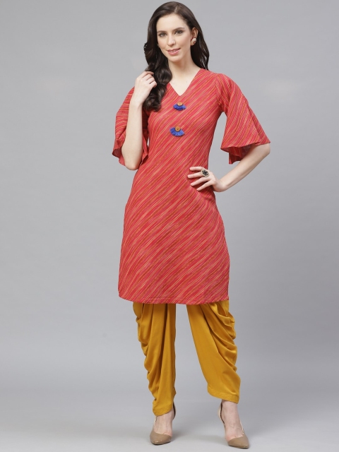 

Shree Women Red & Mustard Yellow Striped Kurta with Dhoti Pants