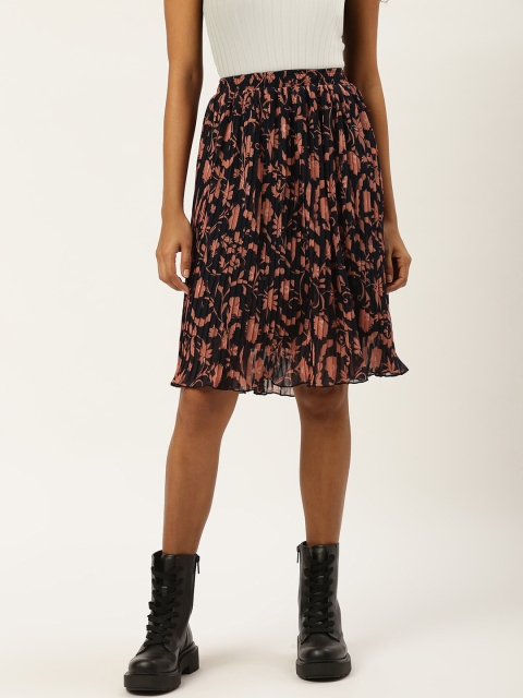 

Trend Arrest Women Navy Blue & Rust Brown Floral Print Accordion Pleats A-Line Skirt