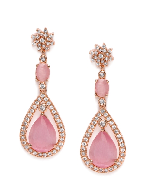 

LAIDA Pink Rose Gold-Plated American Diamond Studded Teardrop Shaped Drop Earrings