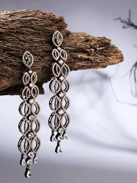 

LAIDA Silver-Toned Rhodium Plated AD Studded Contemporary Handcrafted Drop Earrings