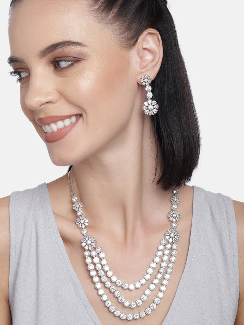 

LAIDA Silver-Plated Three Layered American Diamond Studded Handcrafted Jewellery Set