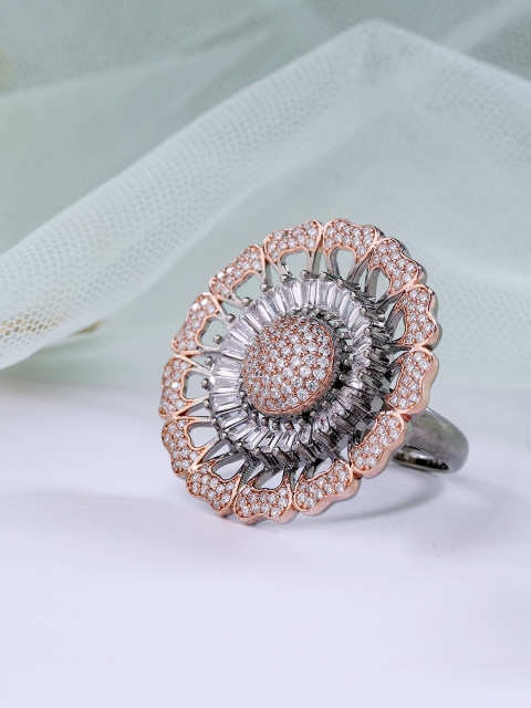 

LAIDA Women Silver-toned Rhodium Plated American Studded Handcrafted Finger Ring