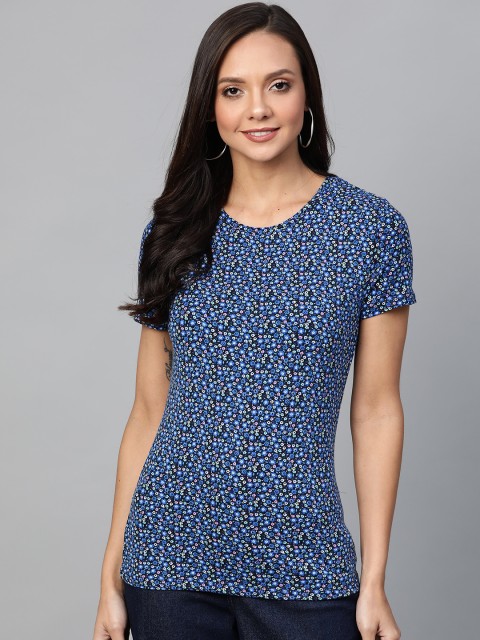 

Marks & Spencer Women Blue & Pink Floral Print Round Neck T-shirt