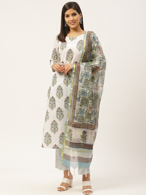 

Prakrti Women White & Blue Ethnic Hand Block Boota Printed Sustainable Kurta with Trousers & Dupatta