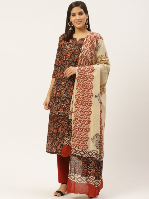 

Prakrti Women Black & Rust Red Hand Block Jaal Printed Sustainable Kurta with Trousers & Dupatta