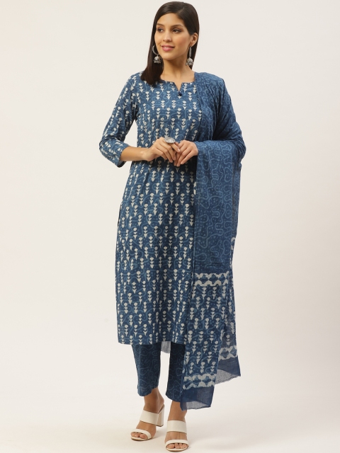 

Prakrti Women Blue & Off-White Hand Block Print Kurta with Trousers & Dupatta