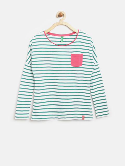 

United Colors of Benetton Girls White & Green Striped T-shirt