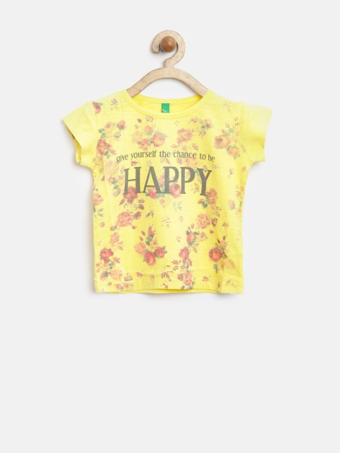 

United Colors of Benetton Girls Yellow Floral Print T-shirt