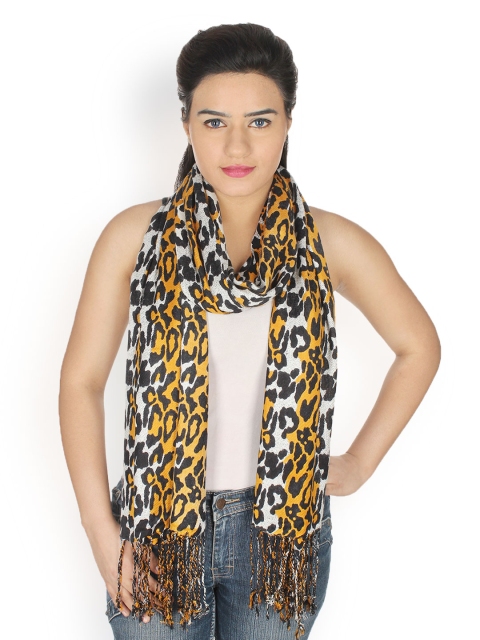 

Anekaant White & Yellow Animal Print Stole