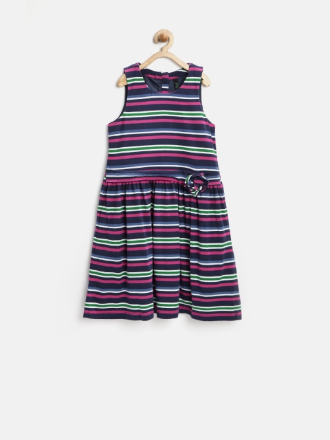 

United Colors of Benetton Girls Navy & Pink Striped Fit & Flare Dress, Navy blue