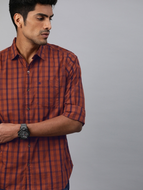 

WROGN Men Rust Orange & Blue Slim Fit Checked Casual Shirt