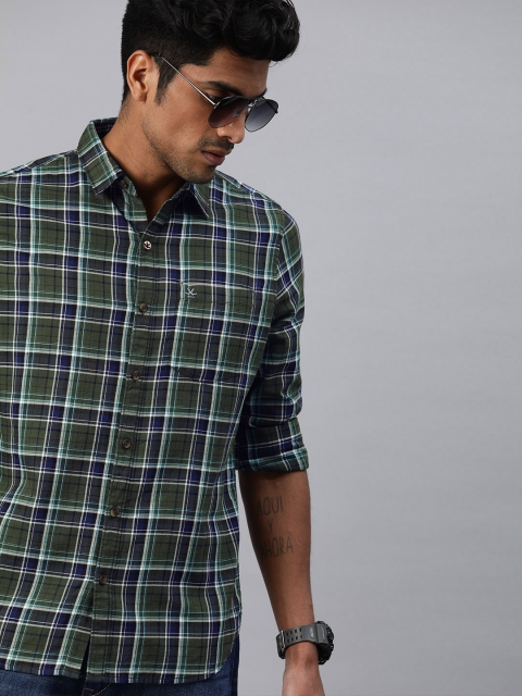 

WROGN Men Olive Green & Blue Slim Fit Checked Casual Shirt