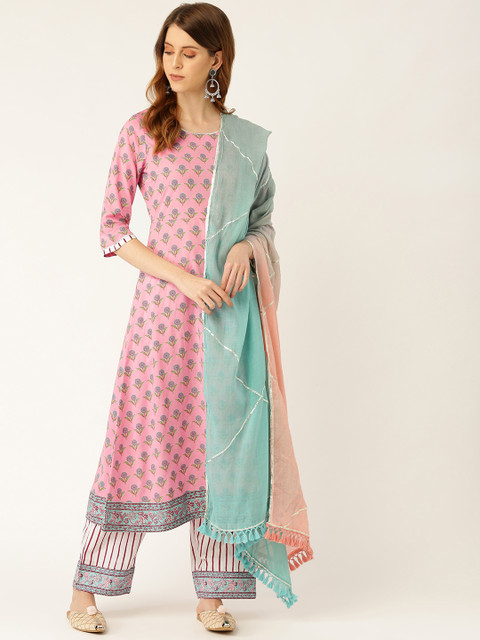 

Moda Rapido Women Pink & White Gotta Patti Printed A-Line Kurta with Palazzos & Dupatta