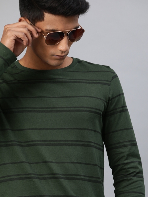 

WROGN Men Olive Green & Black Striped Slim Fit Round Neck T-shirt