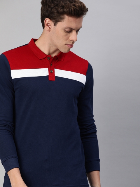 

WROGN Men Navy Blue & Red Slim Fit Colourblocked Polo Collar T-shirt