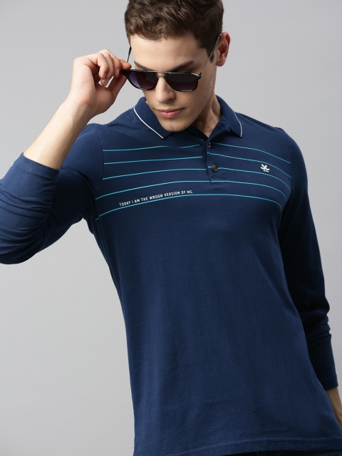 

WROGN Men Navy Blue Slim Fit Striped Polo Collar T-shirt