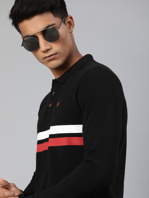 

WROGN Men Black & White Striped Slim Fit Polo Collar T-shirt