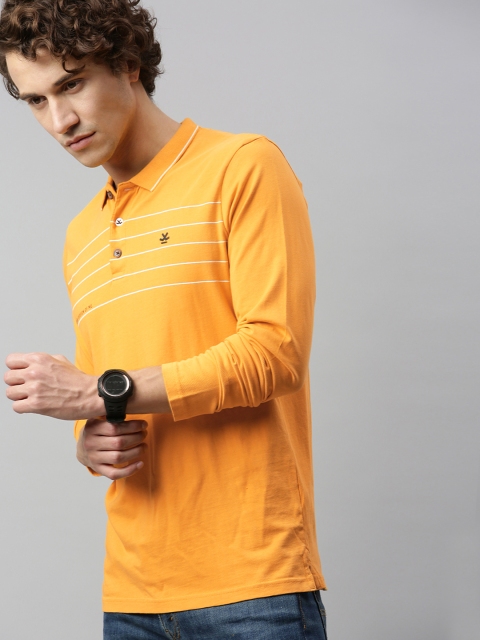 

WROGN Men Mustard Yellow Striped Slim Fit Polo Collar T-shirt