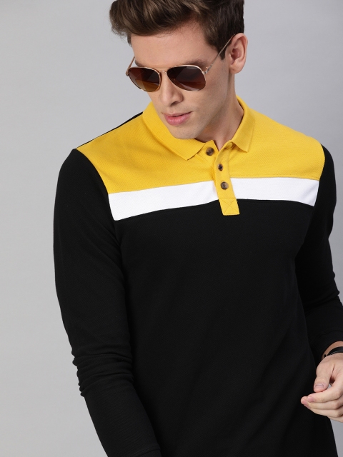

WROGN Men Black Colourblocked Slim Fit Polo Collar T-shirt