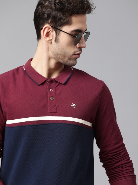

WROGN Men Maroon Pure Cotton Colourblocked Polo Collar T-shirt