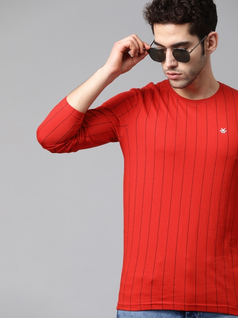 

WROGN Men Red Navy Striped Round Neck Pure Cotton T-shirt