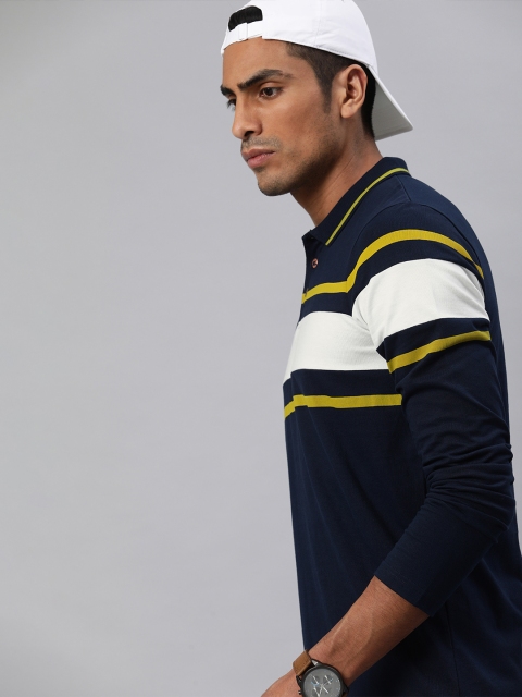 

WROGN Men Navy Blue & White Striped Slim Fit Polo Collar T-shirt