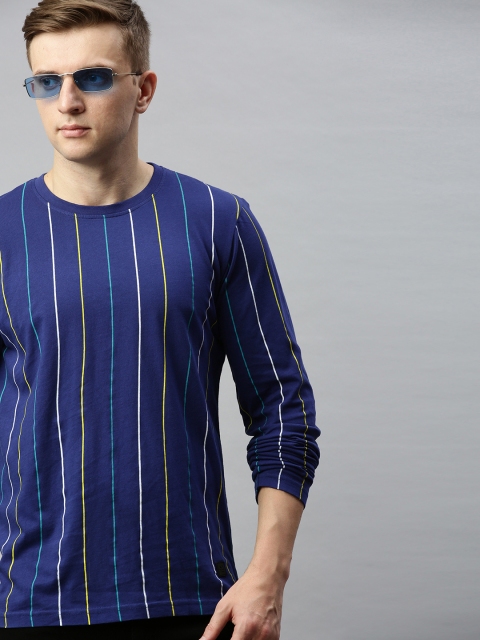 

WROGN Men Navy Blue Striped Round Neck Pure Cotton T-shirt