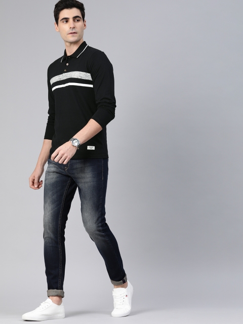 

WROGN Men Black Striped Slim Fit Polo Collar T-shirt