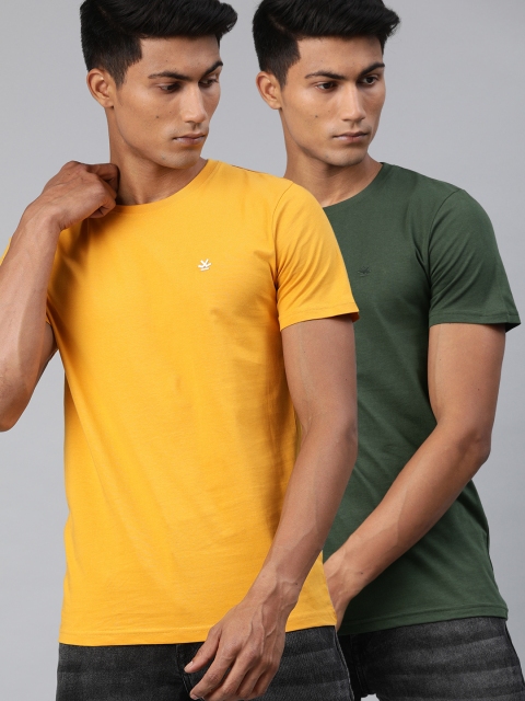 

WROGN Men Pack of 2 Mustard Yellow Olive Green Solid Slim Fit Round Neck T-shirt