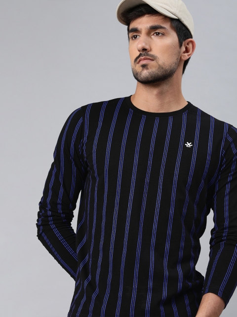 

WROGN Men Black & Blue Striped Round Neck T-shirt