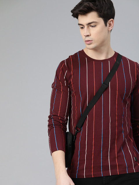 

WROGN Men Maroon Striped Round Neck Pure Cotton T-shirt