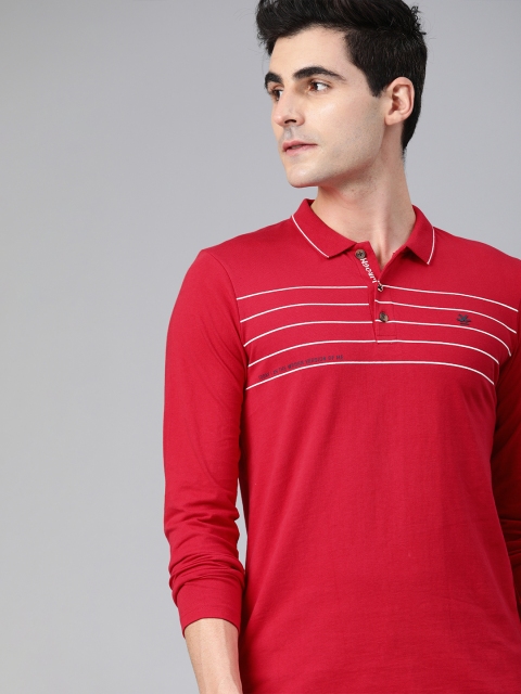 

WROGN Men Red & White Striped Slim Fit Polo Collar T-shirt
