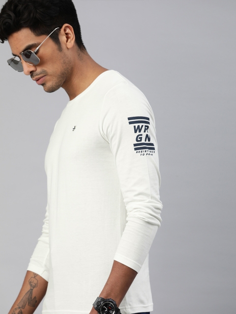 

WROGN Men White Slim Fit Solid Round Neck T-shirt with Printed Detail