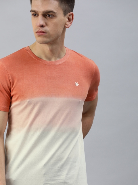 

WROGN Men Peach-Coloured Colourblocked Round Neck T-shirt