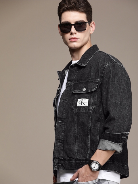 

Calvin Klein Jeans Men Black Brand Logo Monogrammed Pure Cotton Denim Jacket