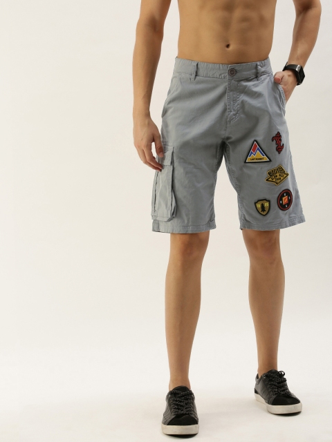 

Moda Rapido Men Grey Solid Slim Fit Regular Shorts with Applique Detail