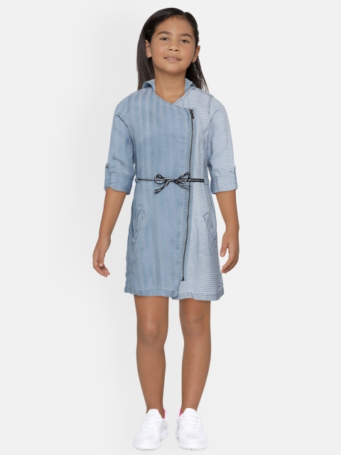 

Pepe Jeans Girls Blue & White Striped Chambray Hooded Asymmetric Zipper Shift Dress