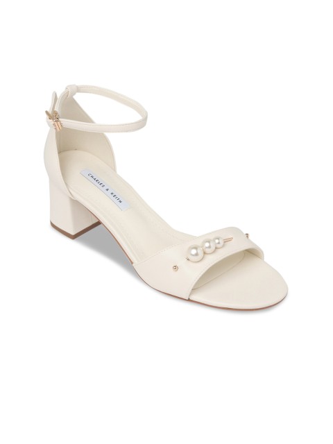 

CHARLES & KEITH Women White Solid Block Heels with Embellishments