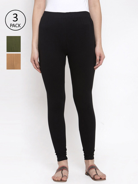 

TAG 7 Women Pack Of 3 Solid Churidar-Length Leggings, Black