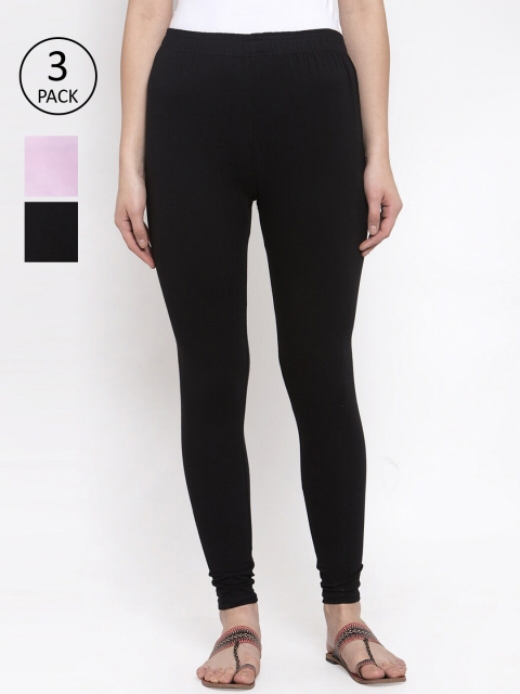 

TAG 7 Women Pack Of 3 Solid Churidar-Length Leggings, Black
