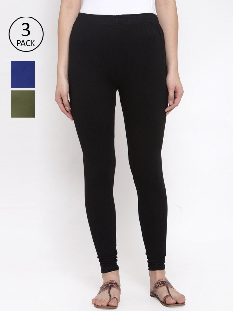 

TAG 7 Women Pack Of 3 Solid Churidar-Length Leggings, Black