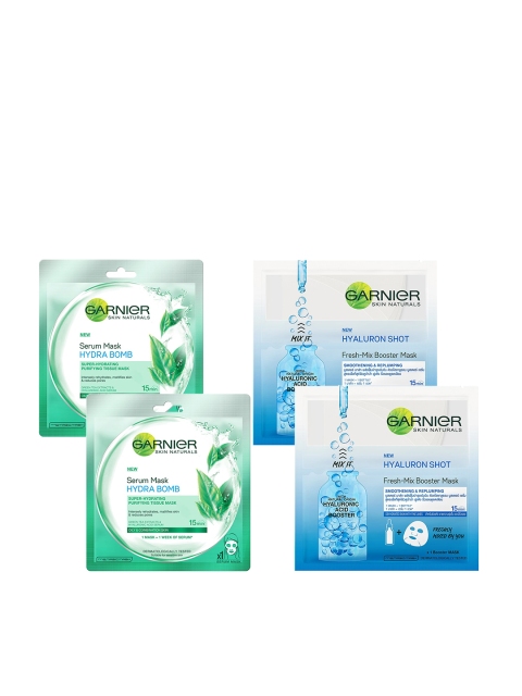 

Garnier Women Set of 2 Hyaluron Shot Fresh-Mix Booster & 2 Hydra Bomb Green Tea Serum Mask, Blue